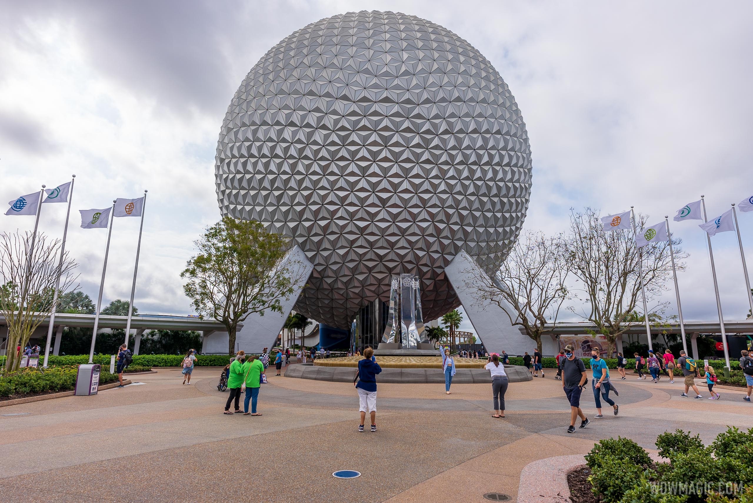 Flags flying over the new EPCOT main entrance Orlando Lanes