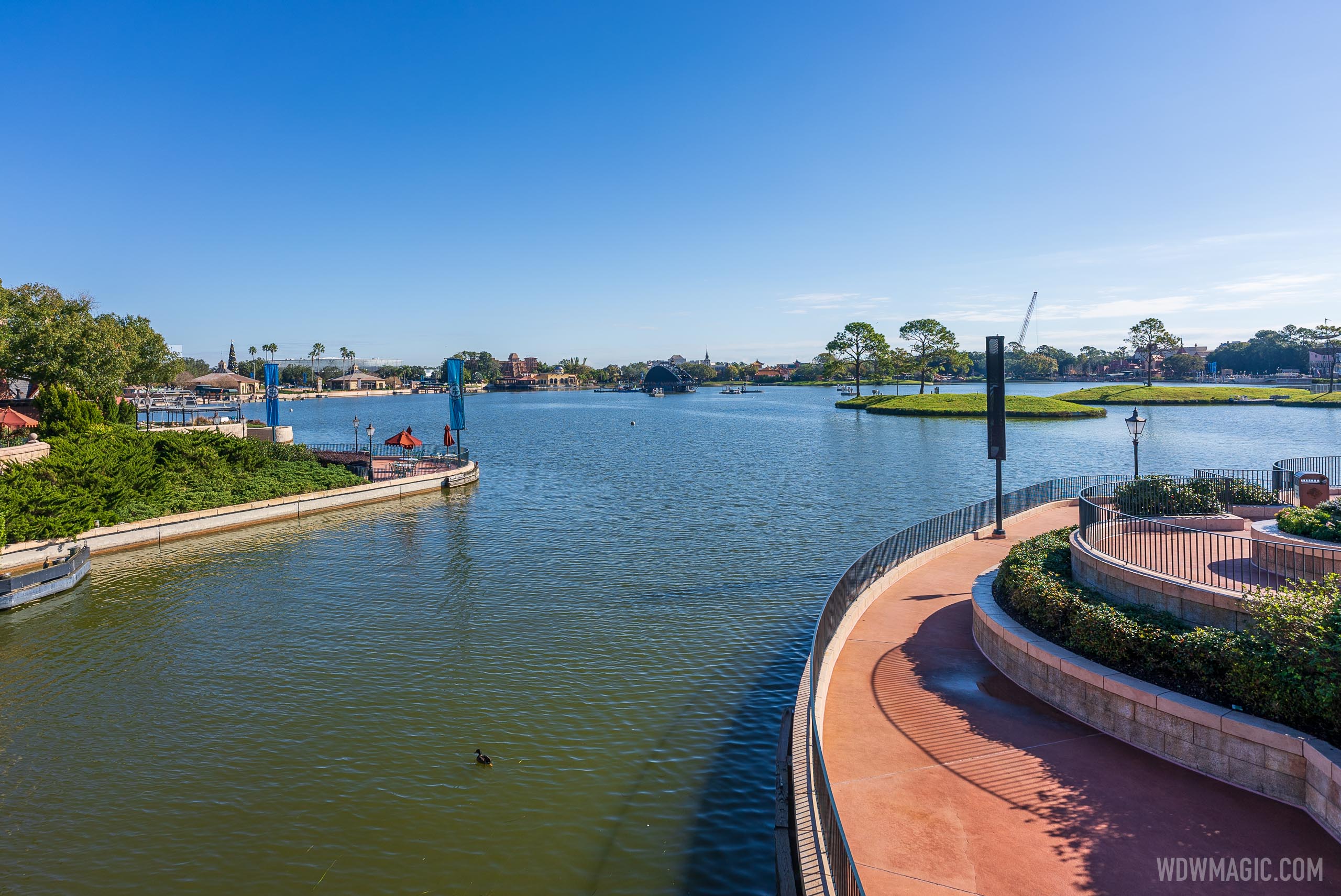 ‘Natural View’ lens offers a realistic impression of the size of the Harmonious show barges in World Showcase Lagoon