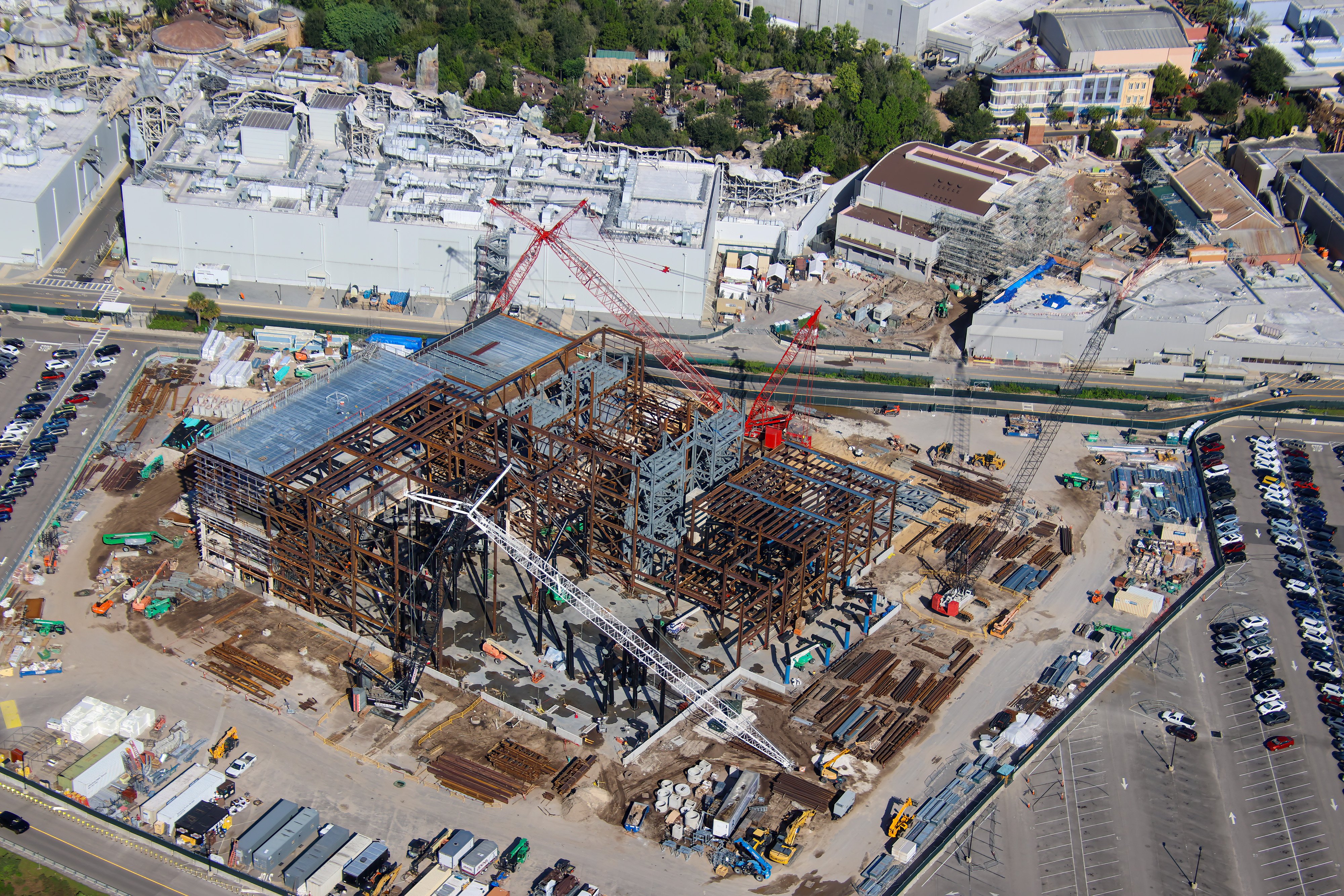 Steel framework rising for the Flying Door coaster building at Monstropolis