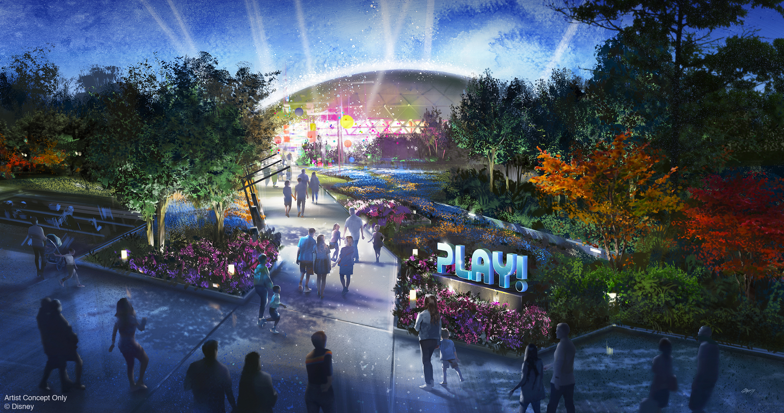 The PLAY pavilion was announced August 2019 as&nbsp;an interactive city bursting with games, activities and experiences that connect them with friends, family and Disney characters – both real and virtual