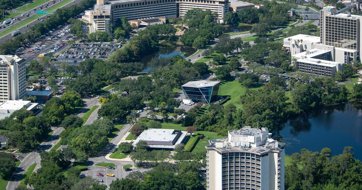 Aerial view of the Disney Springs Resort area hotels on Hotel Plaza ...