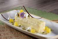 Coconut Bar with Pineapple-Basil Compote and Vanilla Cream
