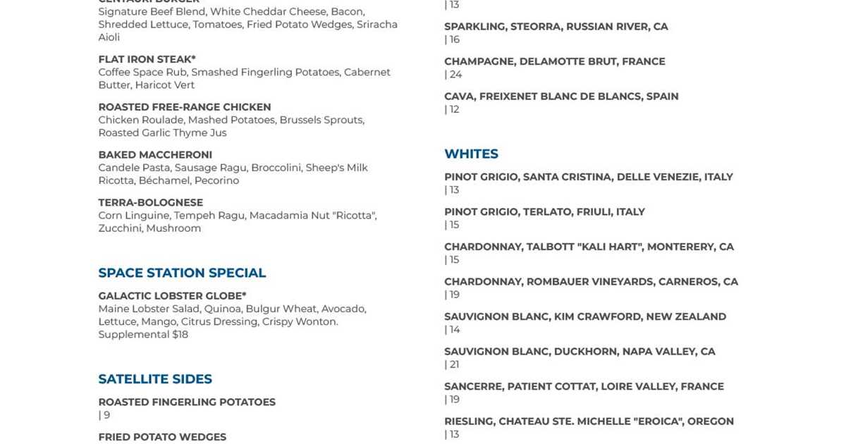 Space Rocks Menu Space 220 menus
