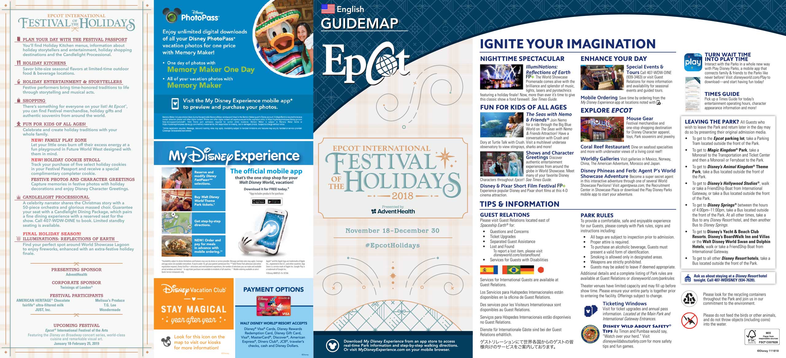 2018 Epcot Festival of the Holidays guide map - Front