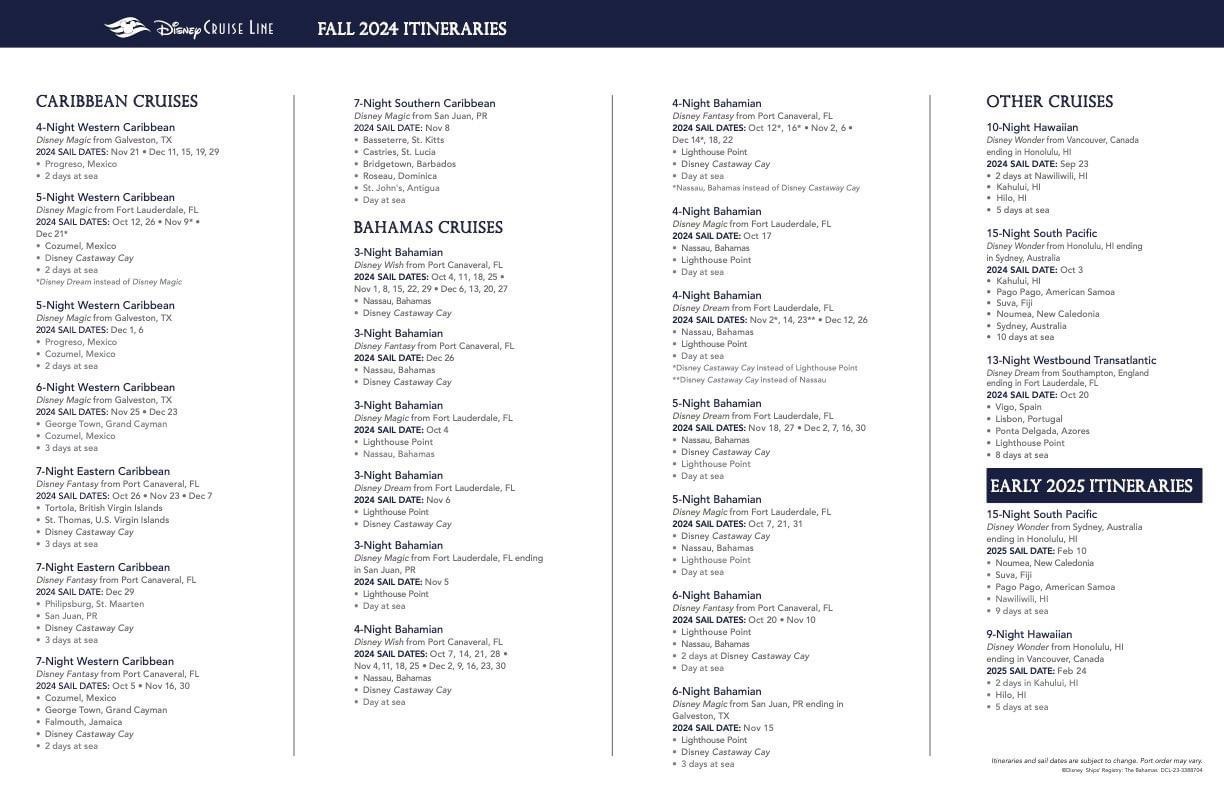 Disney Cruise Line fall 2024 Itineraries