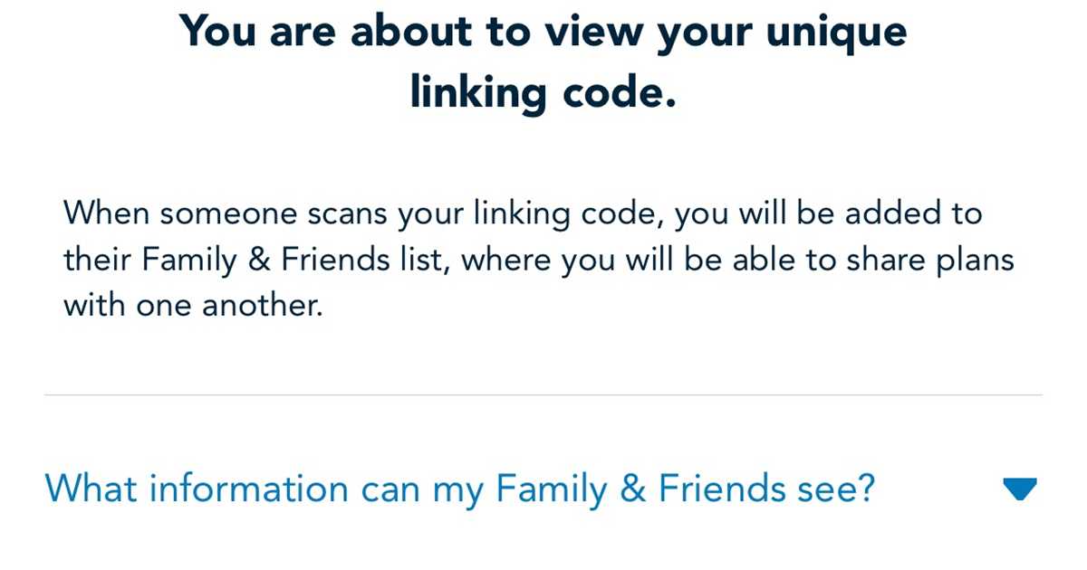 Screenshot - My Disney Experience Friends and Family linking with QR ...