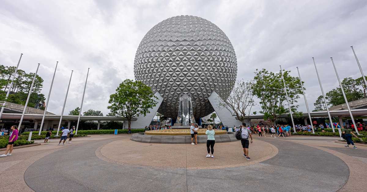 Flags removed at EPCOT main entrance at Hurricane Elsa approaches