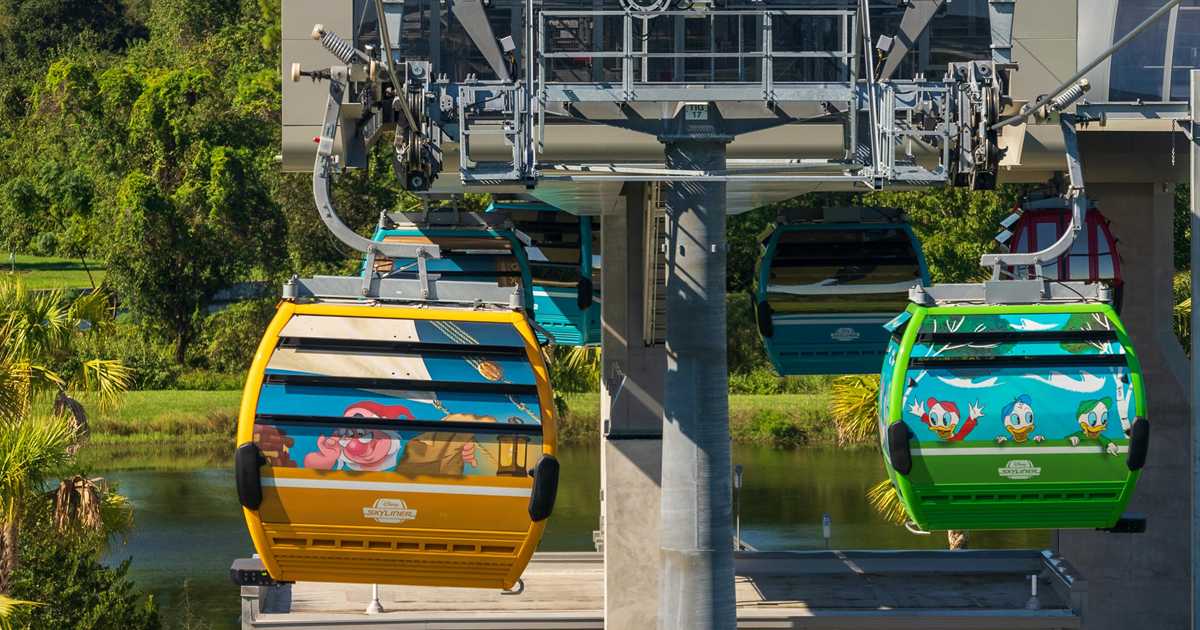 A group of Skyliner gondolas over Pop Century